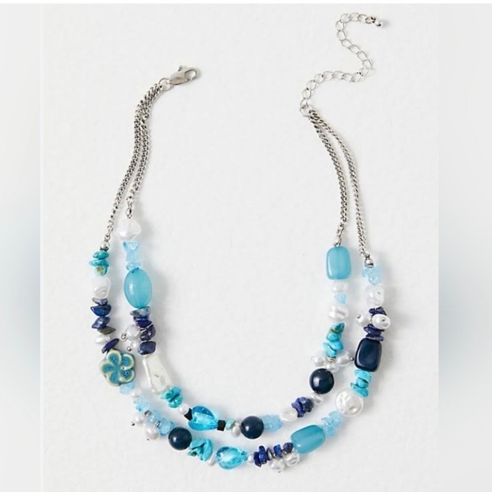 Free People Steal the Show Choker Womens OS Blue Beaded Layered Boho Necklace
